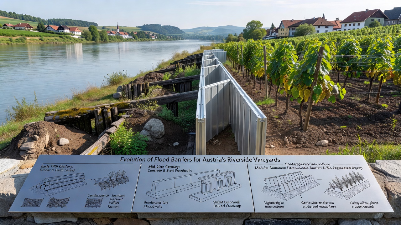 Modern protective flood structures integrated with riverside grape plantations in Austria