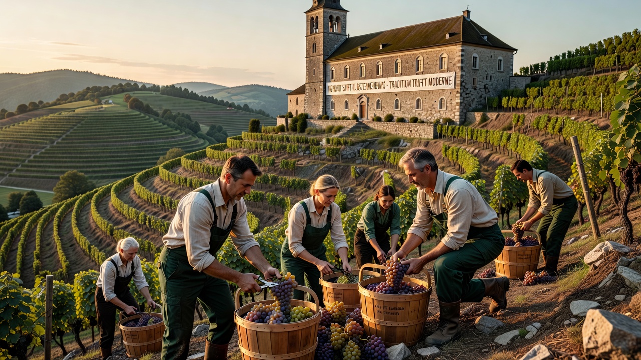 Workers in traditional attire performing a harvest blessing on Austrian terraced slopes