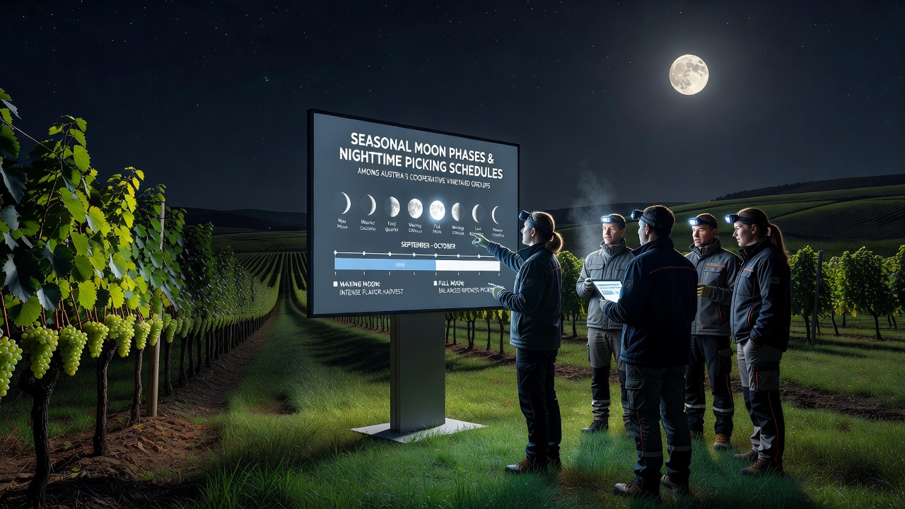 Cooperative vineyard teams sorting grapes during a nighttime harvest aligned with lunar phases